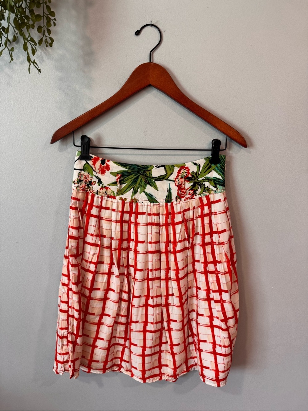 Maeve Red Grid Skirt with Floral Waistband Size 4